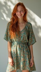 Radiant woman in a floral dress with flowing red hair