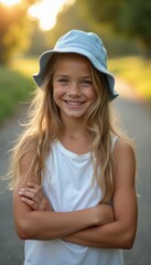 Cheerful girl with a blue hat smiling confidently