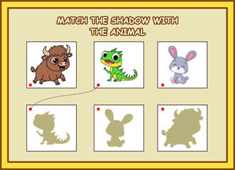 match the shadow with the animal kids worksheet. yak, iguana, rabbit