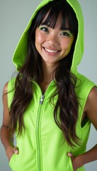 Cheerful woman in vibrant green hoodie