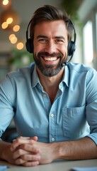 Cheerful man with headset smiling at the camera