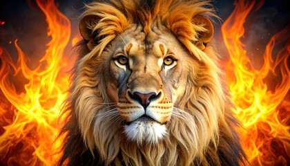 Naklejka premium Majestic Lion Surrounded by Fiery Flames in Dramatic Background