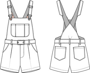 Short overalls front and back, cad drawing flat vector illustration, adjustable straps, chest and back pockets, belted waist, stitched design
