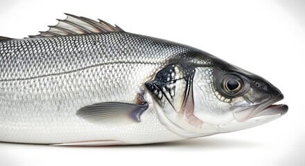 Close-up of a fresh sea bass head and upper body, silvery scales glistening, on a white background. Shows detail of gills, fins, and eye.