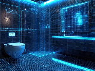 Futuristic Bathroom Interior With Digital Blue Grid Patterns And Glowing Lines Creating Modern Technological Environment