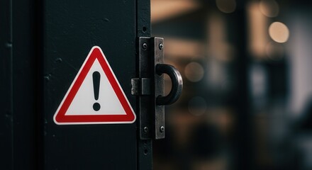Caution warning sign mounted on a door with blurred background  