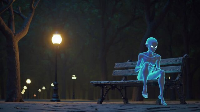  Alien luminescent sur un banc dans un parc nocturne