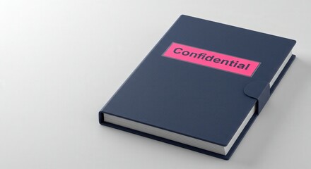 Confidential navy blue folder with bright label on light background  