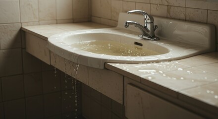 Bathroom sink overflowing with water on countertop in dim light