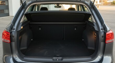 Spacious car trunk with open compartment and black interior  