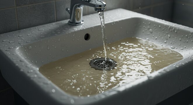 Water running from faucet into a sink filled with dirty water - Powered by Adobe