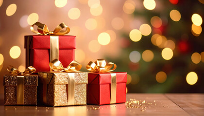 Festive Christmas Gifts with Bokeh Background and Sparkling Lights