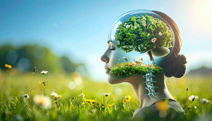 Woman with Nature Inside Head Representing Growth and Harmony