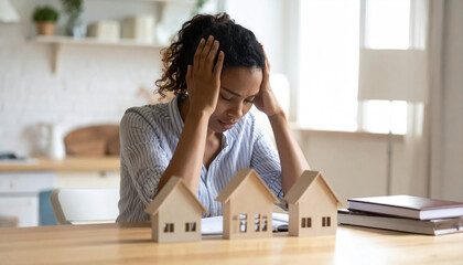 Woman with Headache in Home Office with Wooden House Models