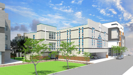 modern residential building in the city, 3D architectural rendering of a modern church in the city