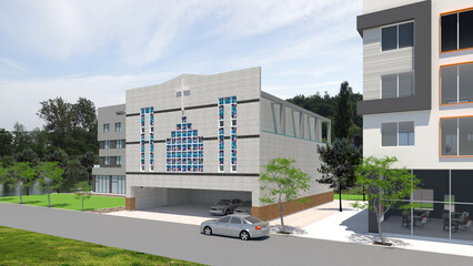 old building in the city, 3D architectural rendering of a modern church in the city