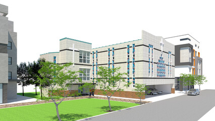 modern residential building in the city,3D architectural rendering of a modern church in the city