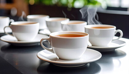Freshly Brewed Coffee Cups with Steam on a Stylish Table Setting