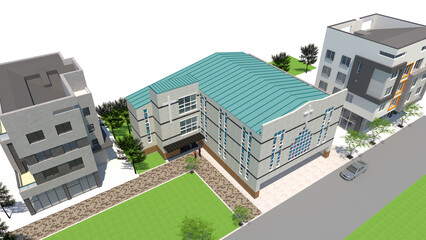 residential building in the city, 3D rendering of a bird-eye view of a modern church in the city