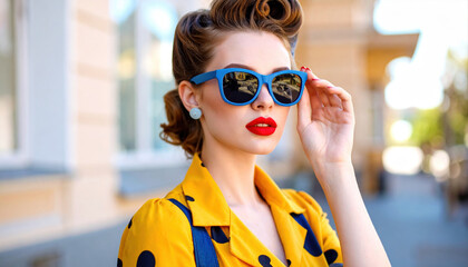 Glamorous Retro Style Woman in Yellow Polka Dot Outfit and Sunglasses