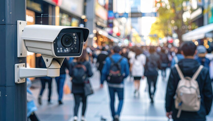 Surveillance Camera Observing Busy Urban Street Scene with People