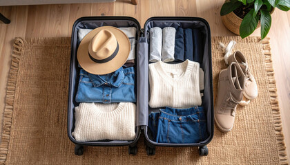 Organized Travel Luggage with Sweaters, Jeans, Hat, and Shoes