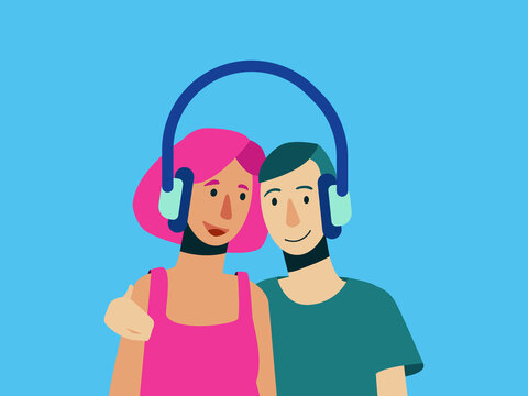 Cartoon loving couple listening to music