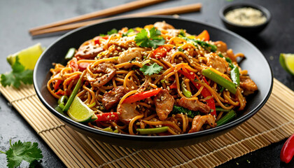 Colorful Asian Noodle Dish with Fresh Ingredients and Garnishes