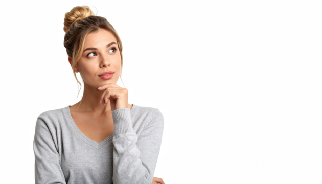 Thoughtful Young Woman Pondering Ideas in Cozy Sweater