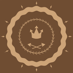 Decorative emblem in brown tones featuring a crown and arrows for elegant design