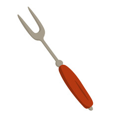 Cartoon metal grill fork with red handle. Flat vector barbecue tool for cooking and grilling.