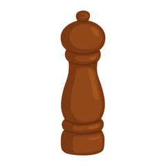 Cartoon wooden pepper grinder in brown color. Flat vector kitchen tool for seasoning and cooking.