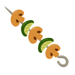 Cartoon vegetable skewer with mushrooms and green slices. Flat vector food illustration on white background.