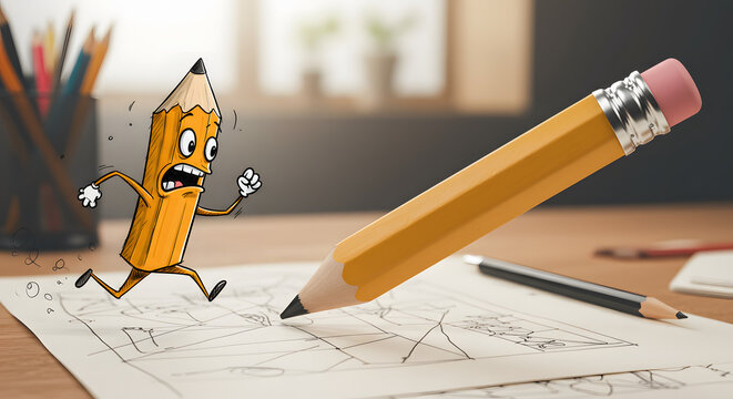 A cartoon pencil running away from a much larger pencil on a sketchbook. The smaller pencil has a frightened expression, while the larger pencil appears menacing.