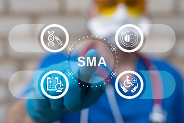 Doctor using virtual touch screen push the acronym: SMA. SMA Spinal Muscular Atrophy Health care...