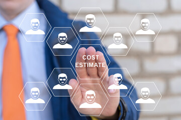 Cost Estimate Budget Annual Income Concept. Business person using virtual touch screen presses the...