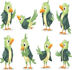 Naklejka premium Charming collection of cartoon birds wearing stylish jackets, perfect for adding a whimsical touch to children's designs and branding projects, or character design.
