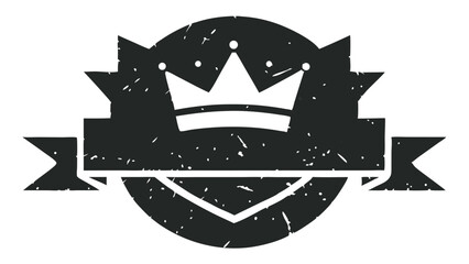 Distressed emblem featuring a crown ribbon and circular frame with grunge texture