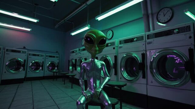 Alien assis dans une laverie sous n&eacute;ons violets