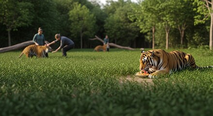 Tigers in natural habitat, people interacting, symbolizing conservation efforts, International Tiger Day