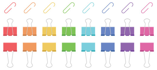 Flat Minimal Vector Illustration of Colorful Paper Clips and Binder Clips Set for Office Stationery and Presentation Templates