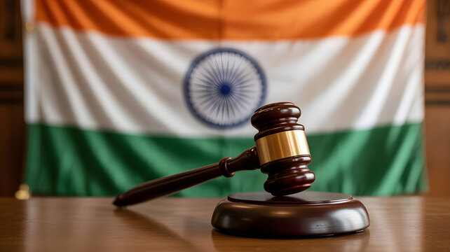 A wooden gavel rests on a table against the backdrop of the Indian flag, symbolizing law, justice, and governance in India.