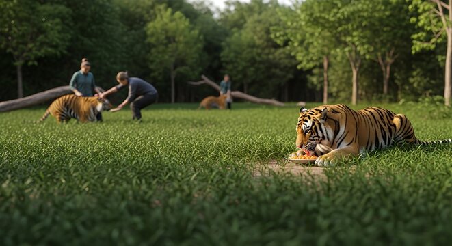 Tigers in natural habitat, people interacting, symbolizing conservation efforts, International Tiger Day