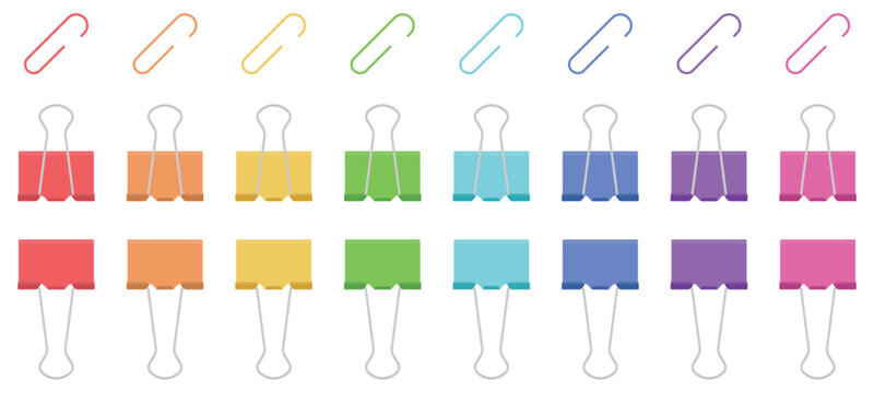 Flat Minimal Vector Illustration of Colorful Paper Clips and Binder Clips Set for Office Stationery and Presentation Templates