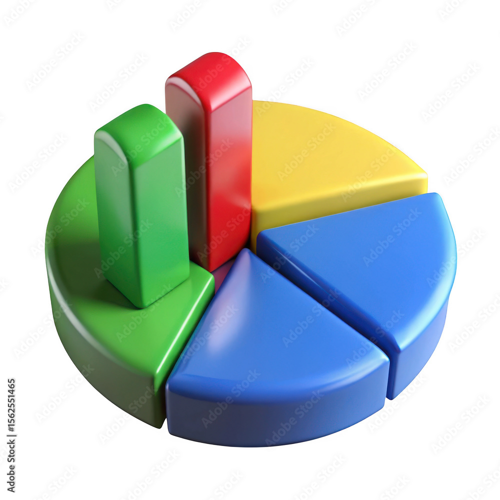 Poster 3d colorful pie chart with vertical bars isolated on transparent background