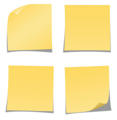 Flat Minimal Vector Illustration of Classic Yellow Sticky Notes Set with Folded Corners for Office Reminder Templates