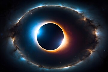 Fototapeta premium Total Eclipse in Deep Space with Blue Halo and Light Bloom, Centered Cosmic Background