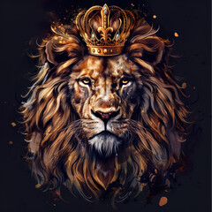 Naklejka premium A majestic lion with a royal crown, a powerful emotional expression, a lush golden mane, a regal and noble appearance, and an extremely detailed illustration
