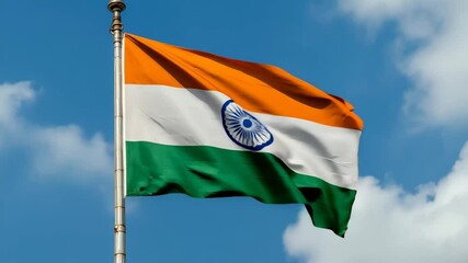 A beautiful flag of India flies high, capturing the essence of national pride against a stunning blue sky. The colors signify hope and unity, embodying the spirit of celebration in every wave.
