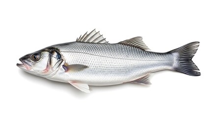 Obraz premium A whole sea bass fish laying on its side against a clean white background. The fish is silver with grey markings and visible fins.